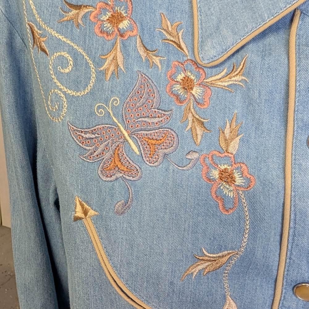 Scully Embroidered Light Blue Denim Ladies Western Snap Buttons Detail Cuff Sz L - Picture 4 of 5